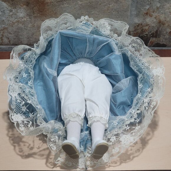 VTG Porcelain Doll Green Eyes Blue Satin Dress White Lace Trim Matching Bonnet - Picture 10 of 14
